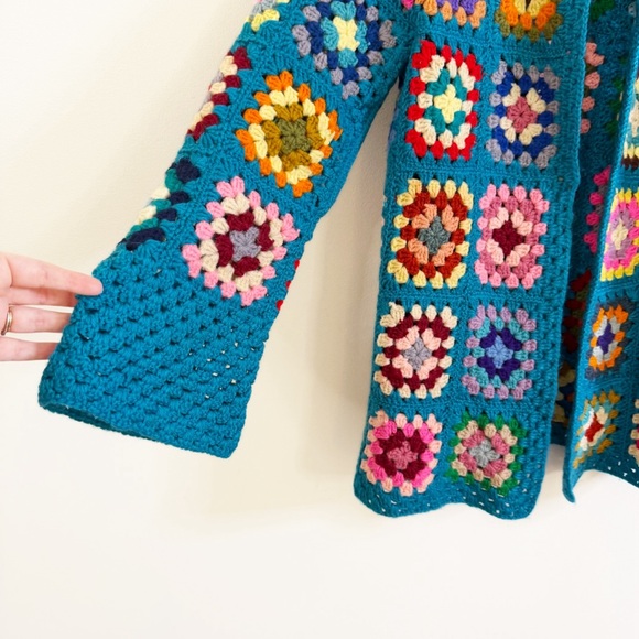 Womens Medium Large Granny Square Crochet Knit Cardigan Sweater Boho - Picture 5 of 7